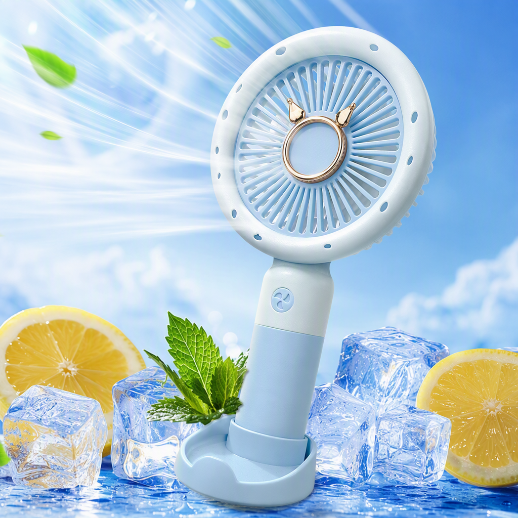 Mini portable silent handheld fan for summer coolness, battery-rechargeable light blue electric mini fan Specification image