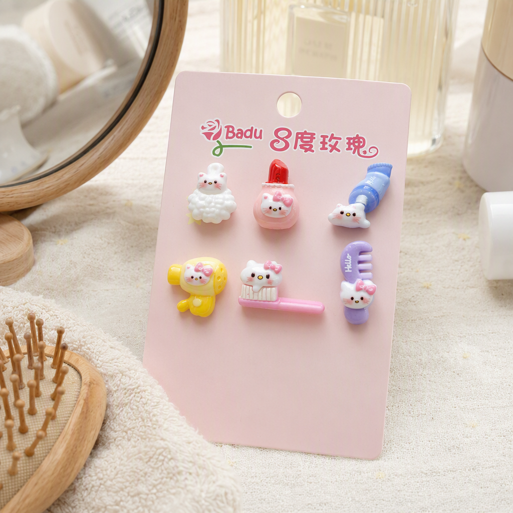 Six sets of Hello Kitty-themed cute hair accessories: rabbit lipstick, toothpaste, panda toothbrush, comb-shaped hair clip and decorative items details Picture