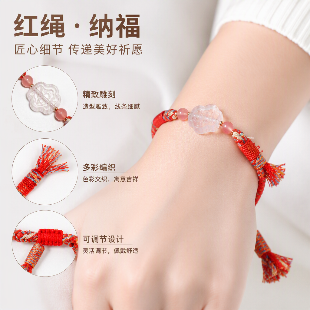 彩色编织绳手链带透明雕花吊坠配粉晶珠时尚潮流手饰情侣款礼品赠品