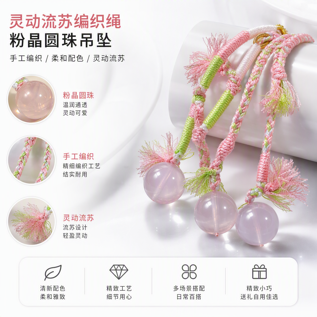 粉色绿白编织手绳配粉水晶珠手链时尚潮流情侣款手饰品礼物