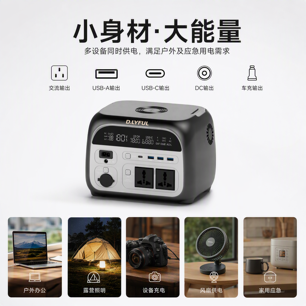 The multi-functional black portable power bank with large capacity is suitable for multiple devices and is lightweight and portable
