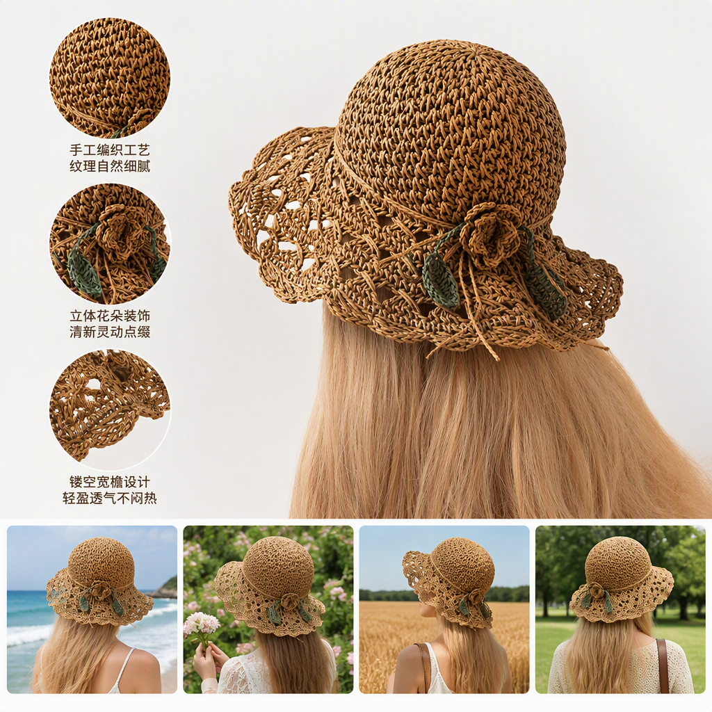A blonde model showcases a fashionable and casual straw-woven hat, presenting a versatile summer sun hat for children
