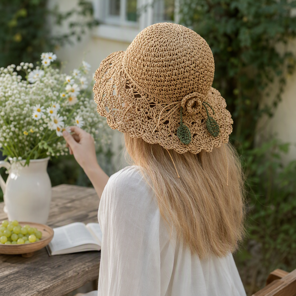 A blonde model showcases a fashionable and casual straw-woven hat, presenting a versatile summer sun hat for children details Picture