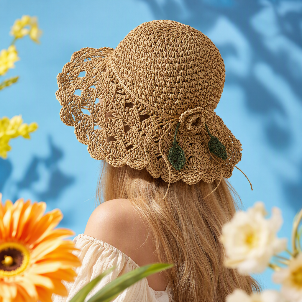 A blonde model showcases a fashionable and casual straw-woven hat, presenting a versatile summer sun hat for children Specification image