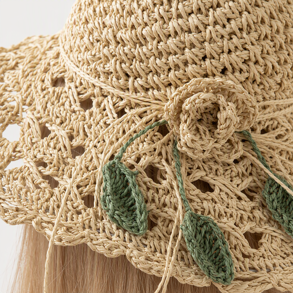 A blonde model showcases a fashionable and casual straw-woven hat, presenting a versatile summer sun hat for children Application Scenario