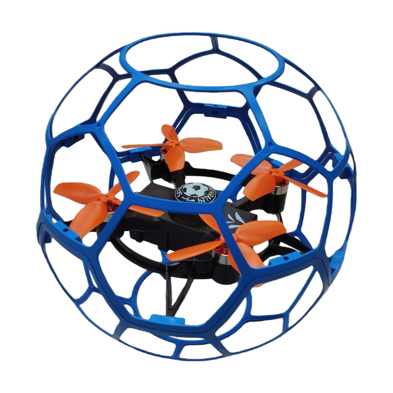 A children's gift featuring an orange quadcopter drone aerial remote-controlled flying toy wrapped in a blue spherical protective cover Item Picture