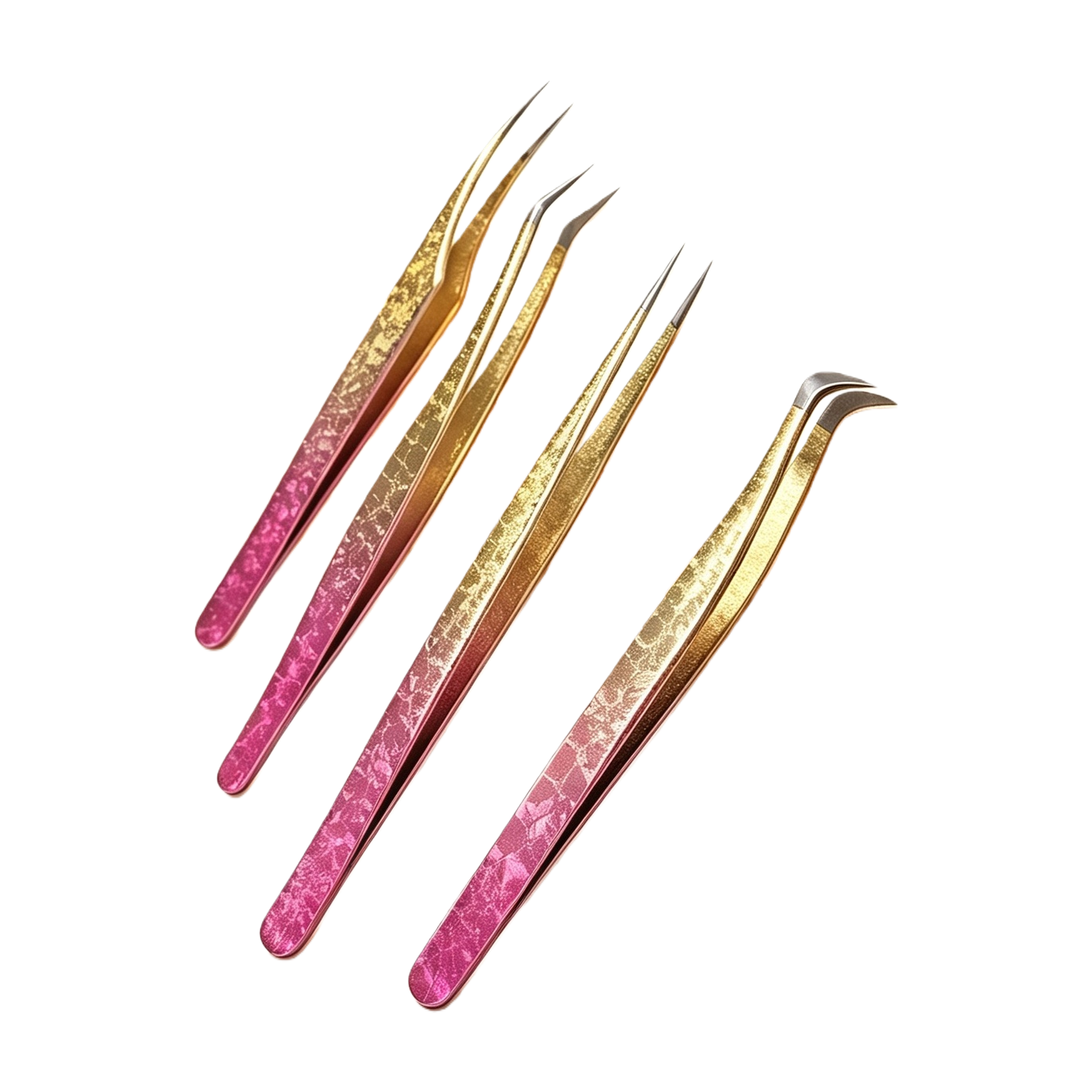 Pink gold gradient superciliar pinzas cuatro herramientas de injerto profesional oro fuschia rosa textura punta diseño de precisión suave fondo de seda presentación Item Picture