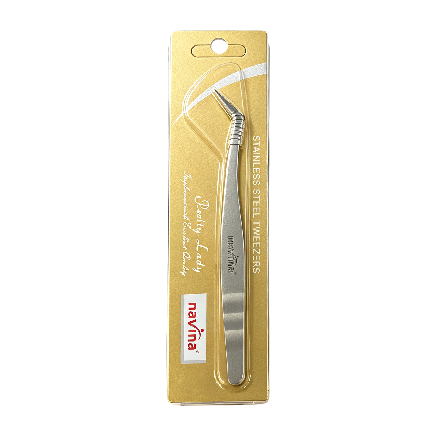 Pinzas con plumas doradas injerto en acero inoxidable para pestañas pinzas metálicas plateadas especiales mango antideslizante puntas de precisión marca navina embalaje Item Picture