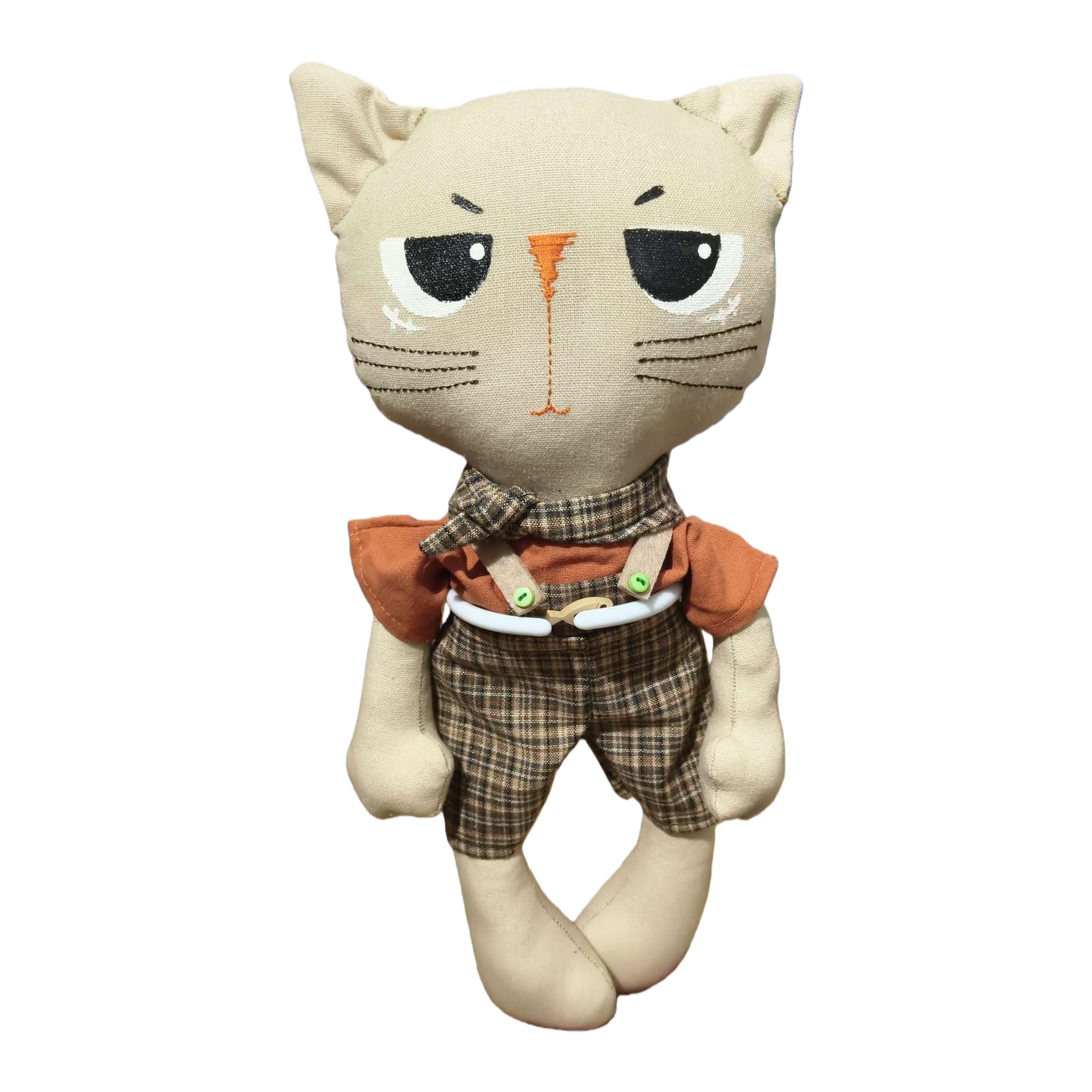 Beige fabric cat doll, checkered overalls, orange top, cute throw pillow, children's toys, gift items Item Picture