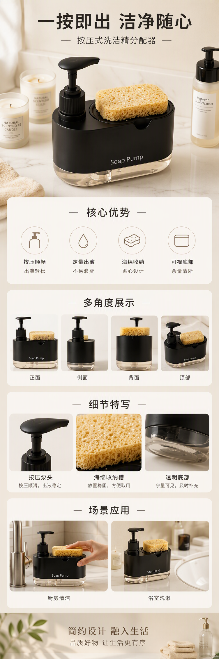 黑色皂液泵配海绵洗手液瓶家用多功能洗手器皂液器简约实用详情1