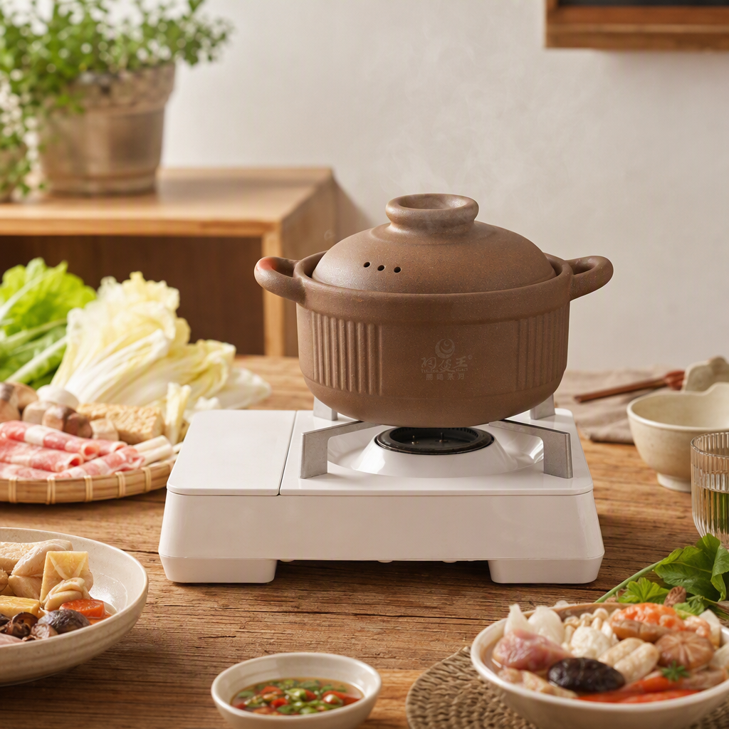 The multi-functional brown ceramic pot portable stove is an outdoor kitchen cooking wonder, a heat-resistant and durable portable kitchenware details Picture