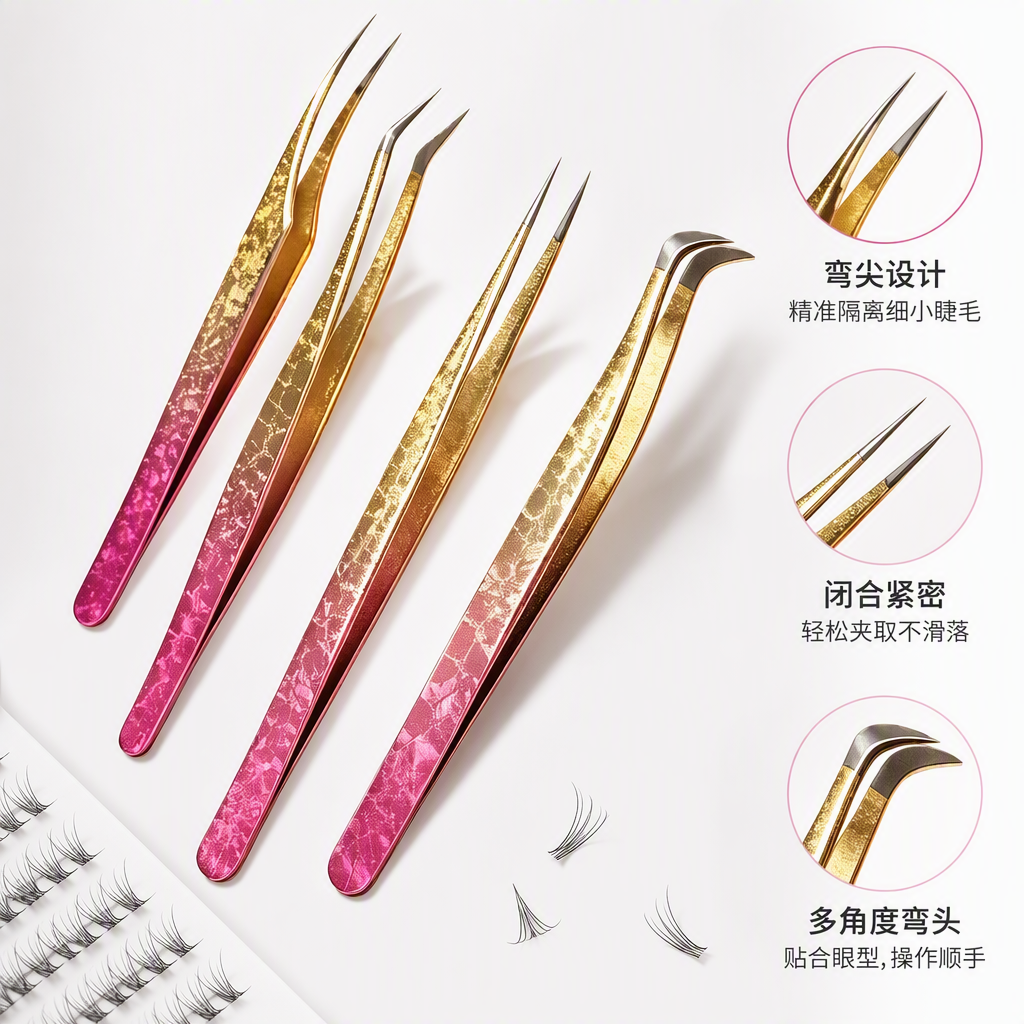 Pink gold gradient superciliar pinzas cuatro herramientas de injerto profesional oro fuschia rosa textura punta diseño de precisión suave fondo de seda presentación