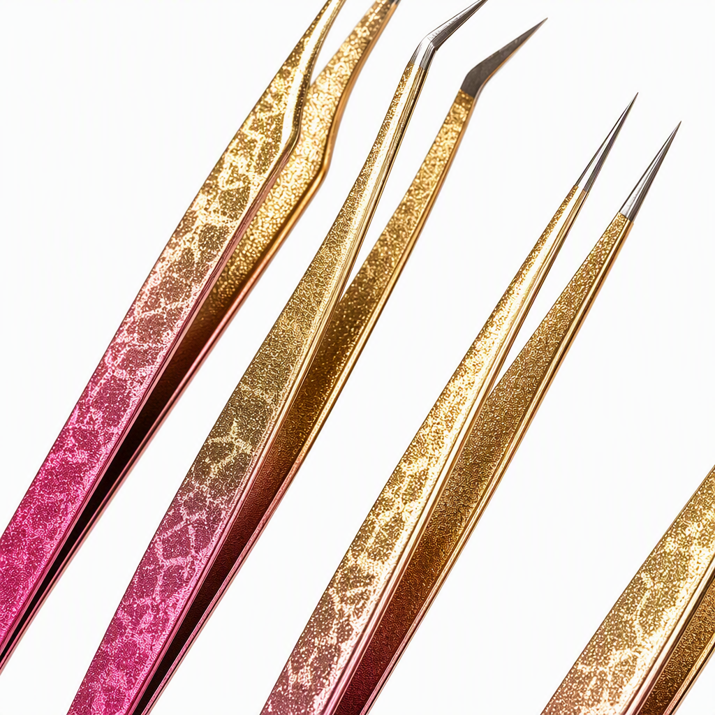 Pink gold gradient superciliar pinzas cuatro herramientas de injerto profesional oro fuschia rosa textura punta diseño de precisión suave fondo de seda presentación Application Scenario