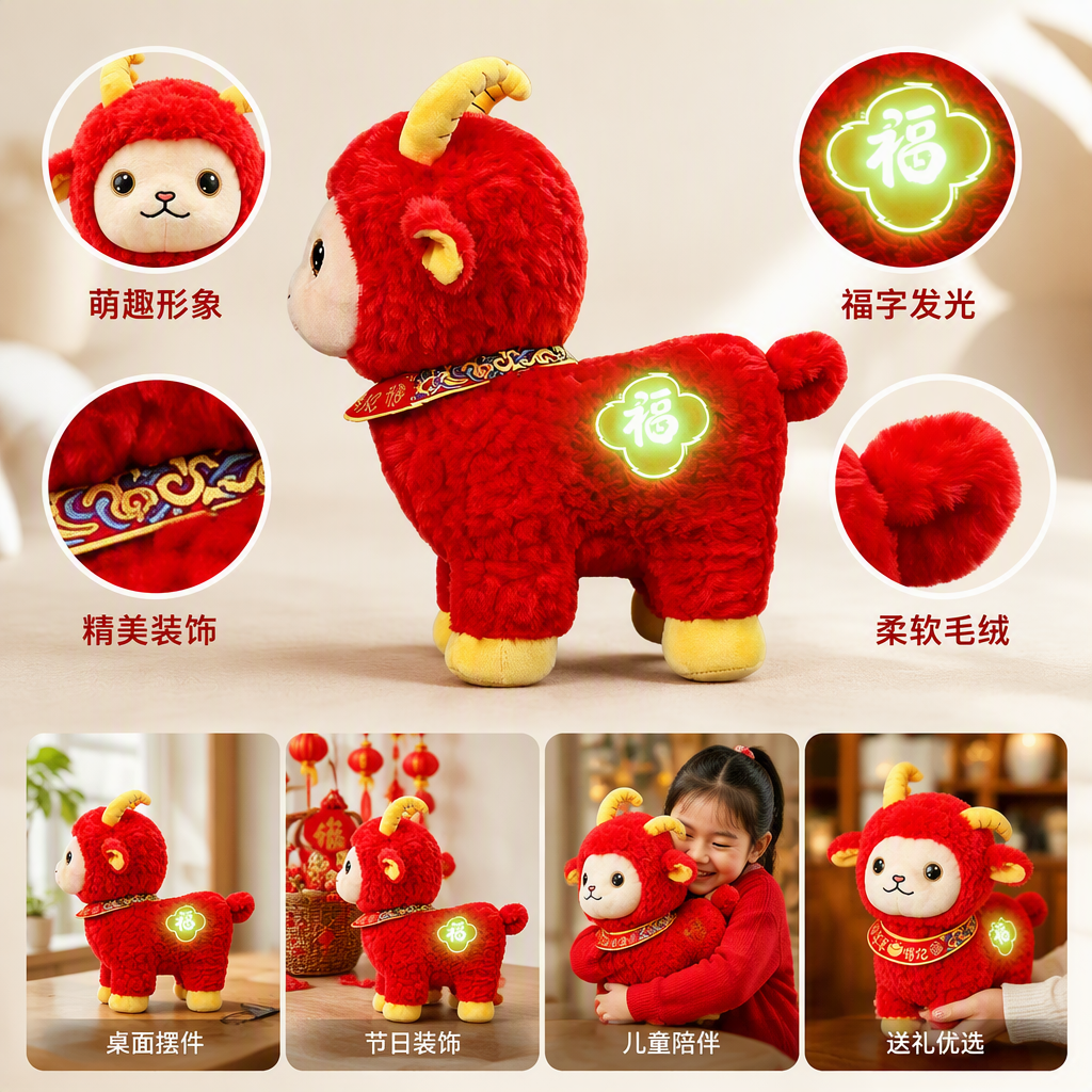 Fuyao Golden and glittering red plush sheep dolls, decorative toys and wedding gifts