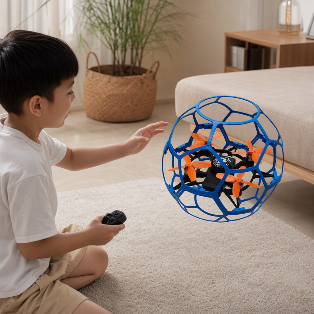 A children's gift featuring an orange quadcopter drone aerial remote-controlled flying toy wrapped in a blue spherical protective cover details Picture