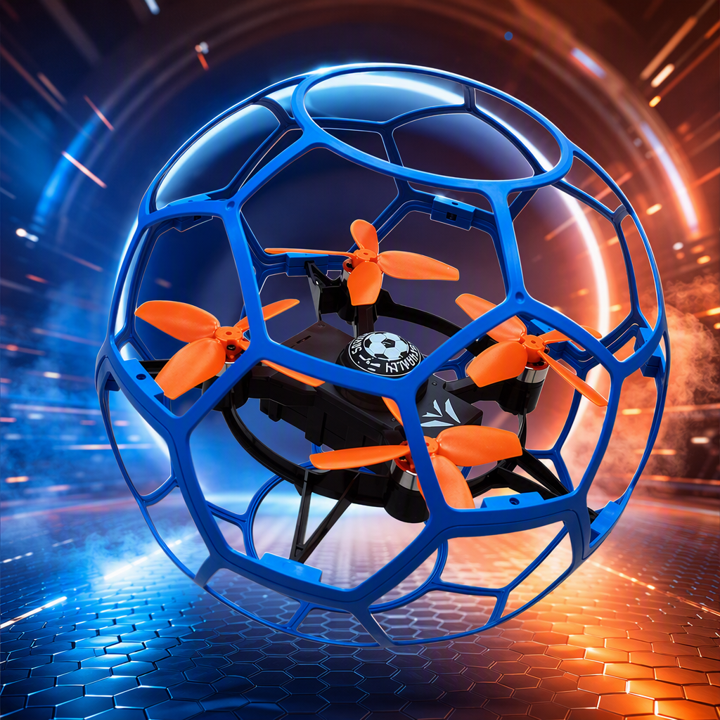 A children's gift featuring an orange quadcopter drone aerial remote-controlled flying toy wrapped in a blue spherical protective cover Specification image