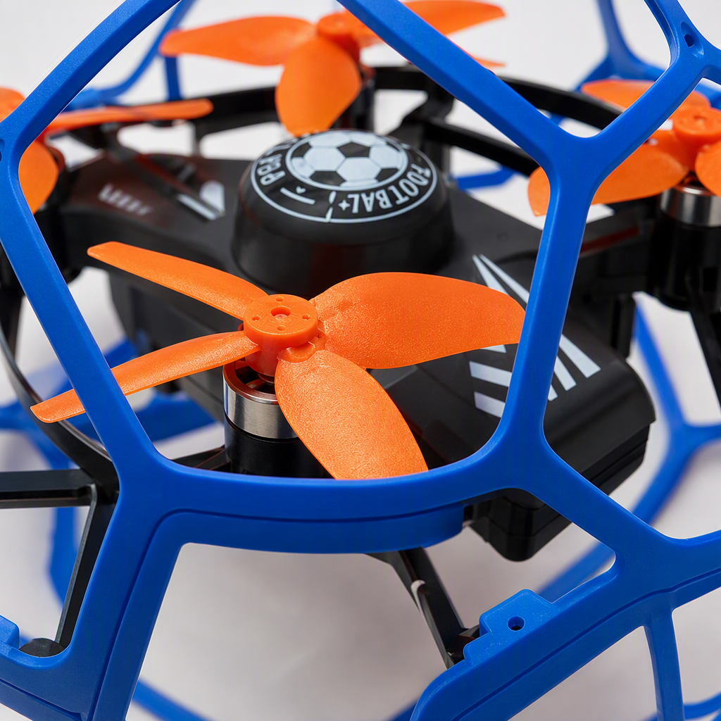 A children's gift featuring an orange quadcopter drone aerial remote-controlled flying toy wrapped in a blue spherical protective cover Application Scenario