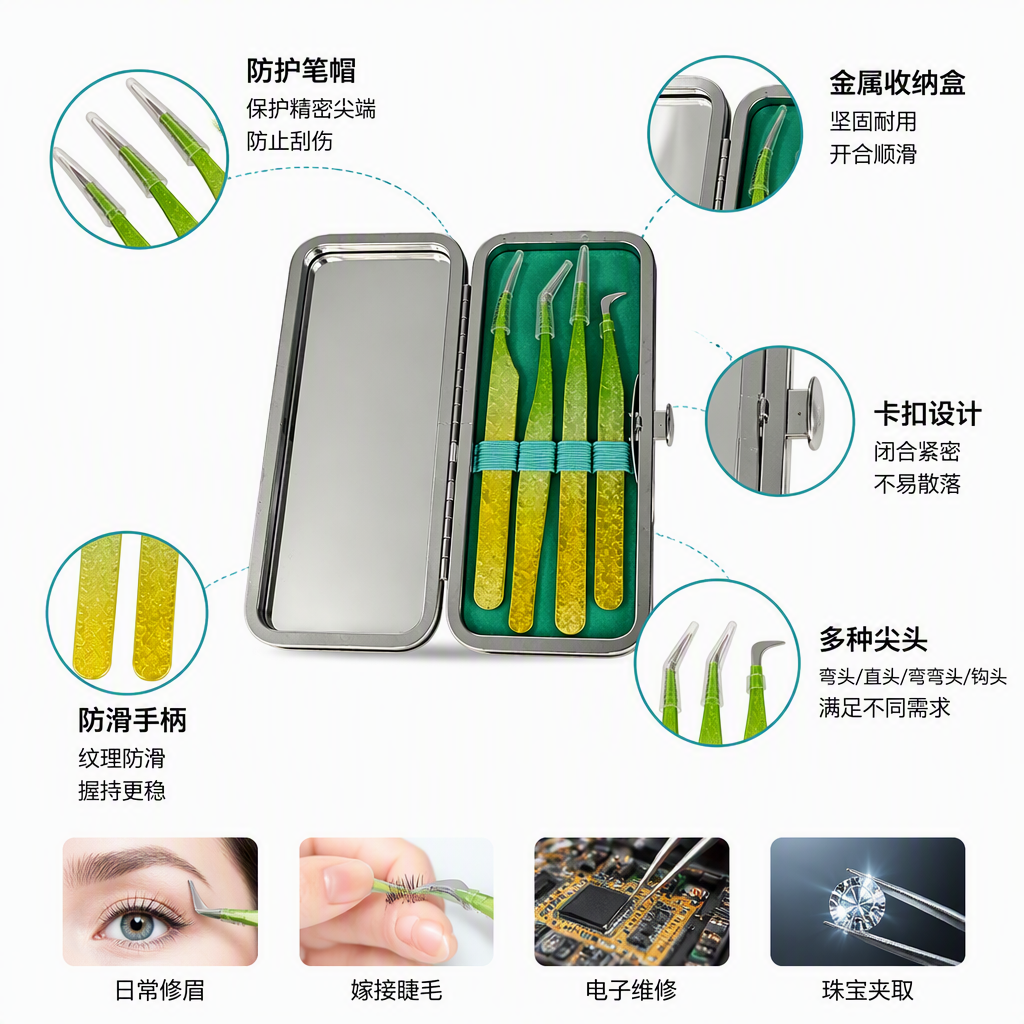 Caja de almacenamiento de espejo de plata cuatro gradiente verde amarillo superciliar pinzas portátil kit de herramientas de maquillaje organizar y almacenar suministros