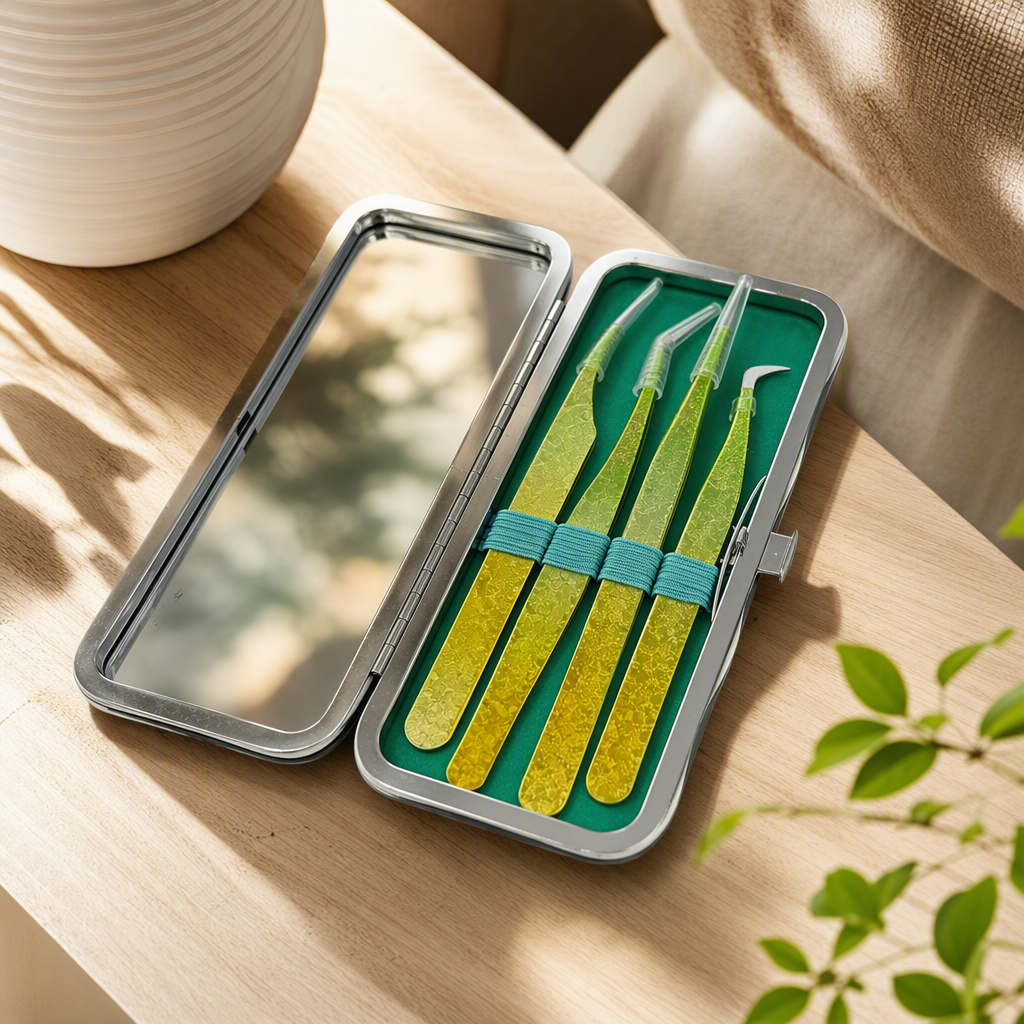 Caja de almacenamiento de espejo de plata cuatro gradiente verde amarillo superciliar pinzas portátil kit de herramientas de maquillaje organizar y almacenar suministros details Picture