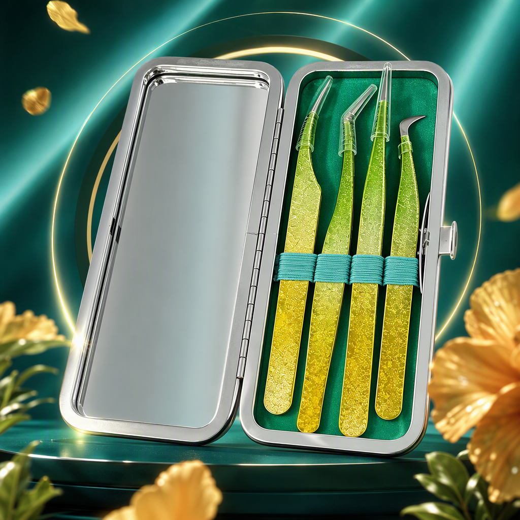 Caja de almacenamiento de espejo de plata cuatro gradiente verde amarillo superciliar pinzas portátil kit de herramientas de maquillaje organizar y almacenar suministros Specification image