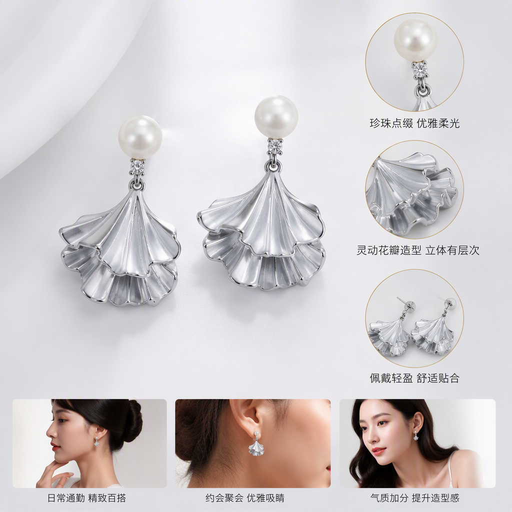 Silver shell earrings with pearl small diamond hand rests showcase fashionable and elegant earrings. Women's trendy and versatile outfits