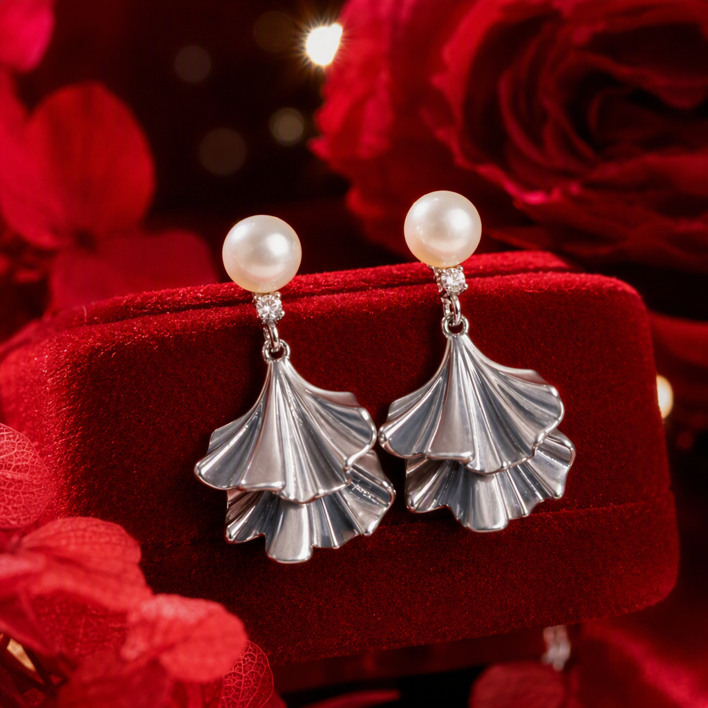 Silver shell earrings with pearl small diamond hand rests showcase fashionable and elegant earrings. Women's trendy and versatile outfits Specification image