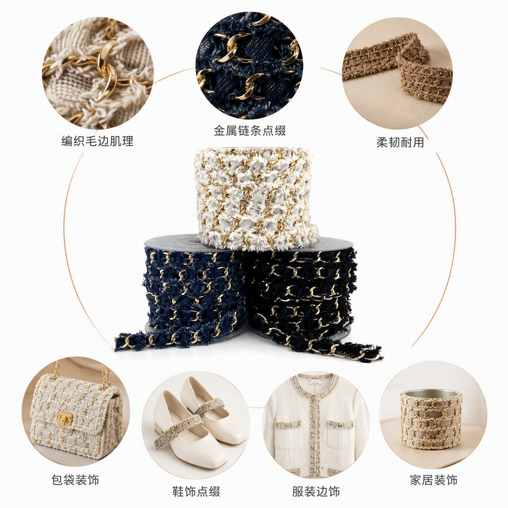 金色链条装饰牛仔毛边米白深蓝黑色手工DIY材料装饰配件衣服装饰手机链装饰