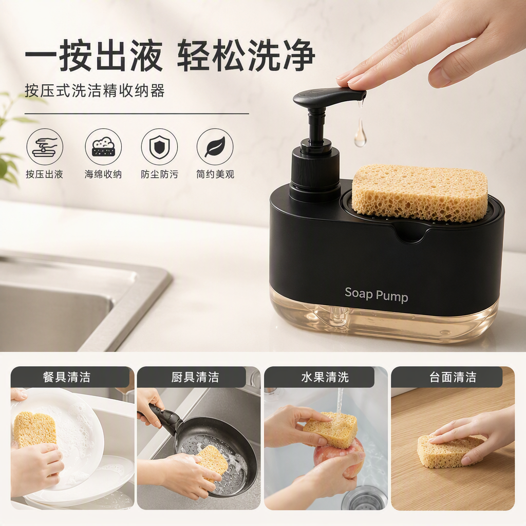 黑色皂液泵配海绵洗手液瓶家用多功能洗手器皂液器简约实用