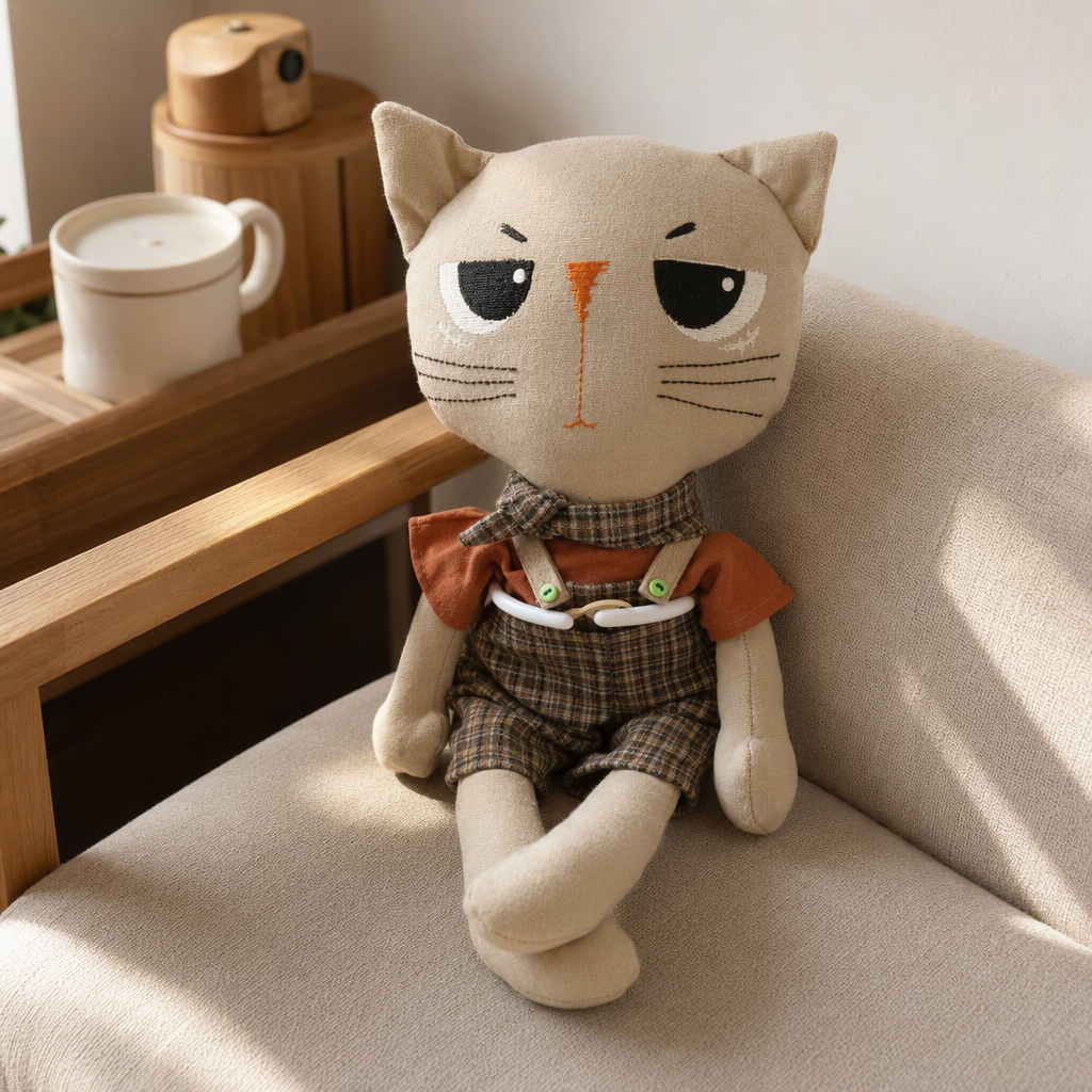 Beige fabric cat doll, checkered overalls, orange top, cute throw pillow, children's toys, gift items details Picture