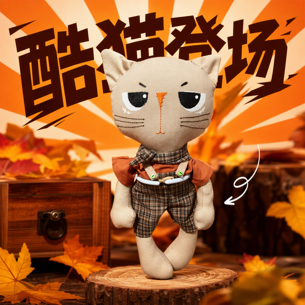 Beige fabric cat doll, checkered overalls, orange top, cute throw pillow, children's toys, gift items Specification image