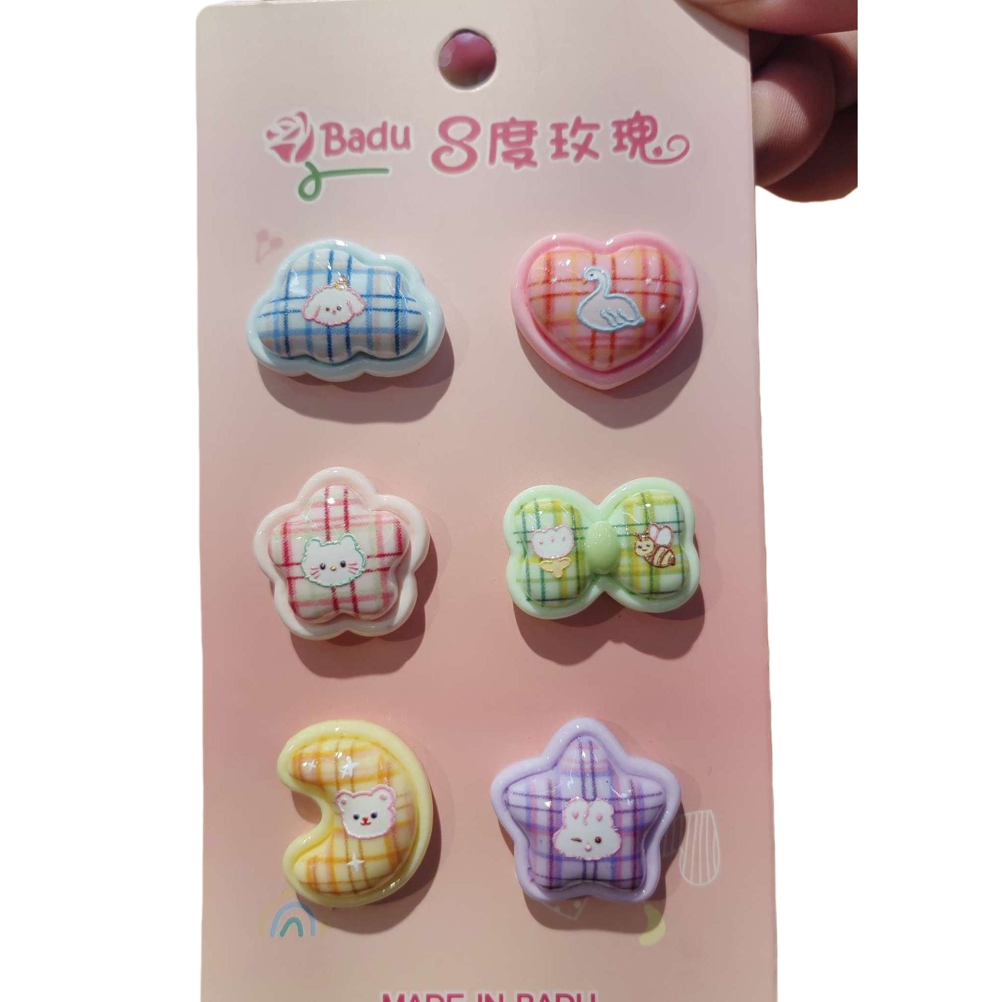 Six checkered cartoon-shaped pink card hair clips, cute girl hair accessories, headwear, children's hair clips, gift box set Item Picture