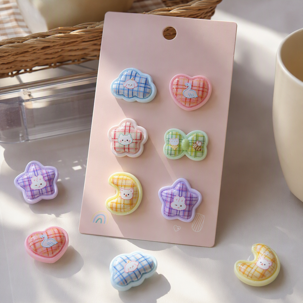 Six checkered cartoon-shaped pink card hair clips, cute girl hair accessories, headwear, children's hair clips, gift box set details Picture