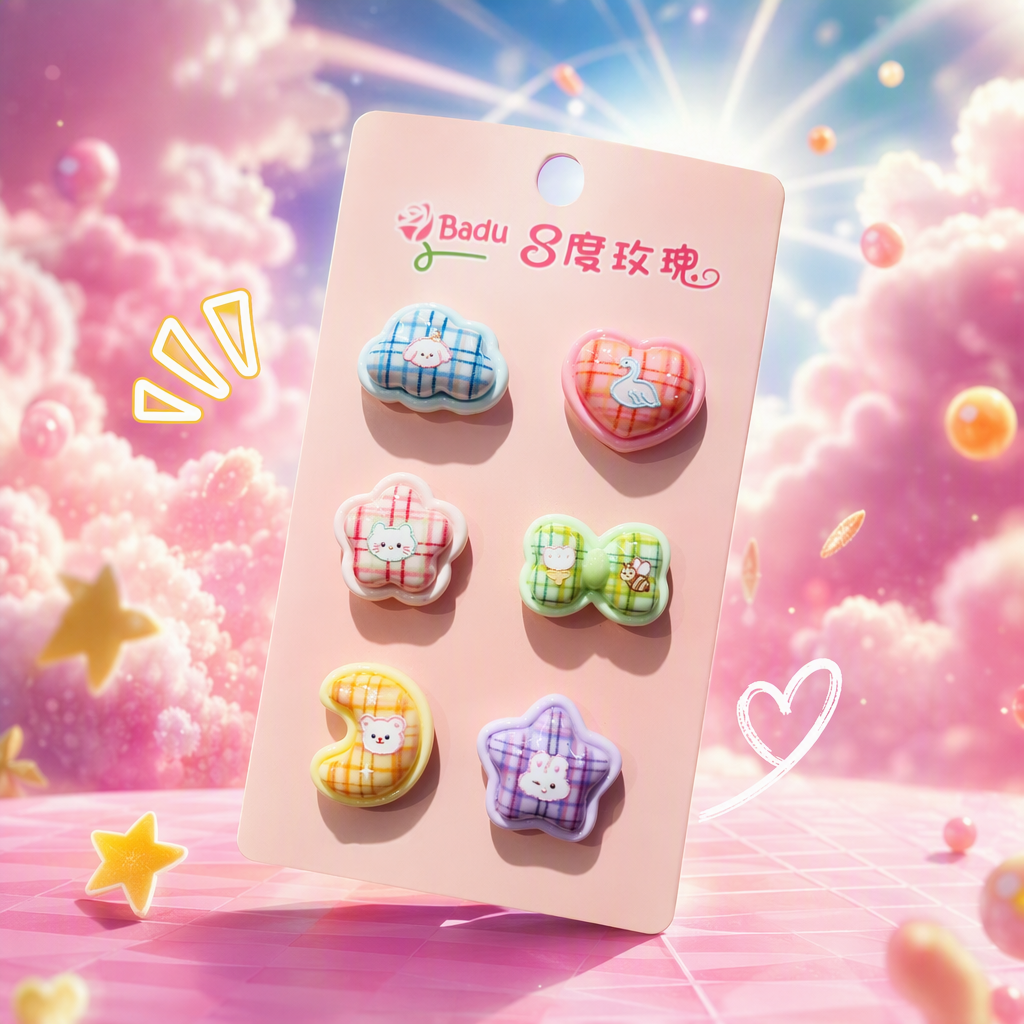 Six checkered cartoon-shaped pink card hair clips, cute girl hair accessories, headwear, children's hair clips, gift box set Specification image