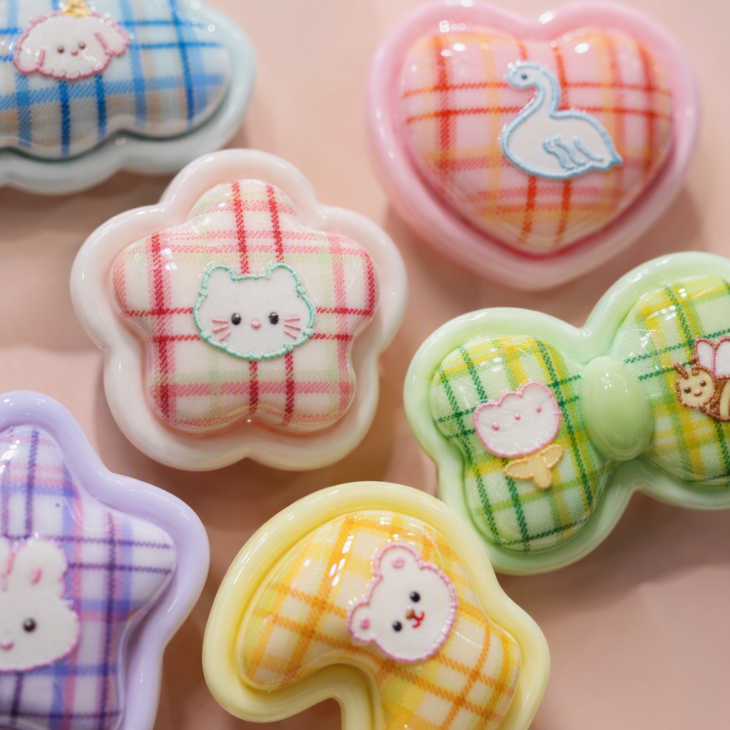 Six checkered cartoon-shaped pink card hair clips, cute girl hair accessories, headwear, children's hair clips, gift box set Application Scenario