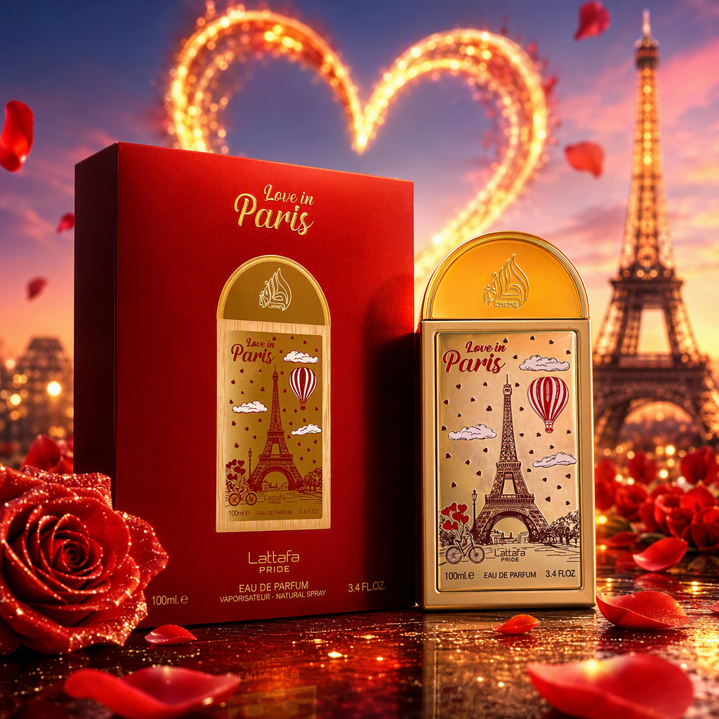 Lattafa PRIDE Paris Theme Perfume 100ml Red gold packaging Eiffel Tower Hot Air Balloon Cloud Heart-shaped Bicycle Rich Fragrance suitable for both men and women Application Scenario