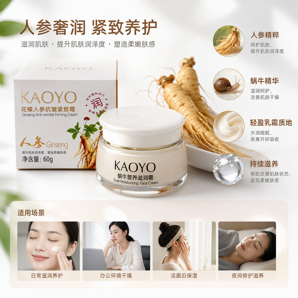The white packaging box of the flower ginseng anti-wrinkle Firming Cream is a nourishing, firming, moisturizing, repairing and anti-aging skin care product