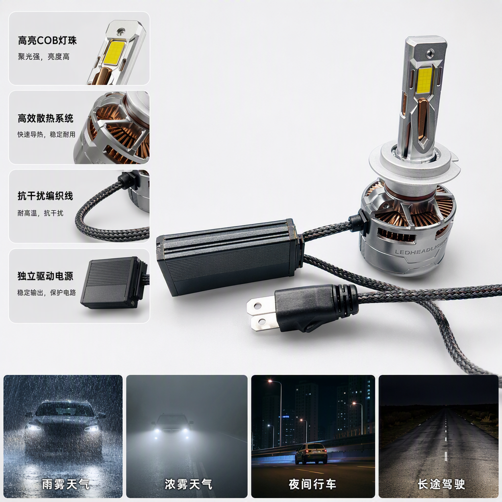 Black keyboard with silver LED bulb, black heat sink, braided cable, power plug, desktop gaming and office peripherals