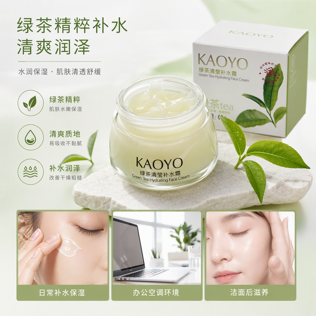 Green Tea Clear Hydrating Cream, powder-white packaging, glass jar, light yellow Cream, Moisturizing and nourishing Face cream