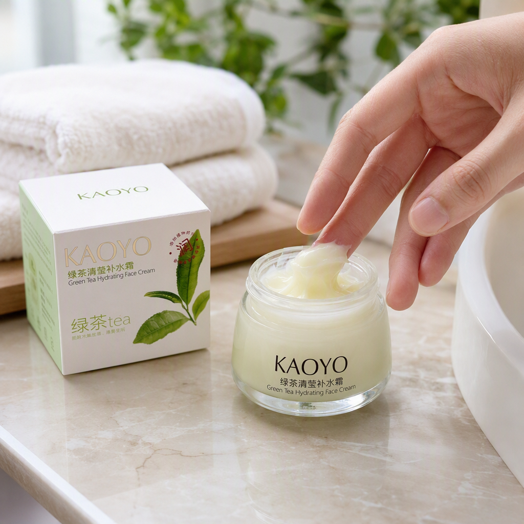 Green Tea Clear Hydrating Cream, powder-white packaging, glass jar, light yellow Cream, Moisturizing and nourishing Face cream details Picture