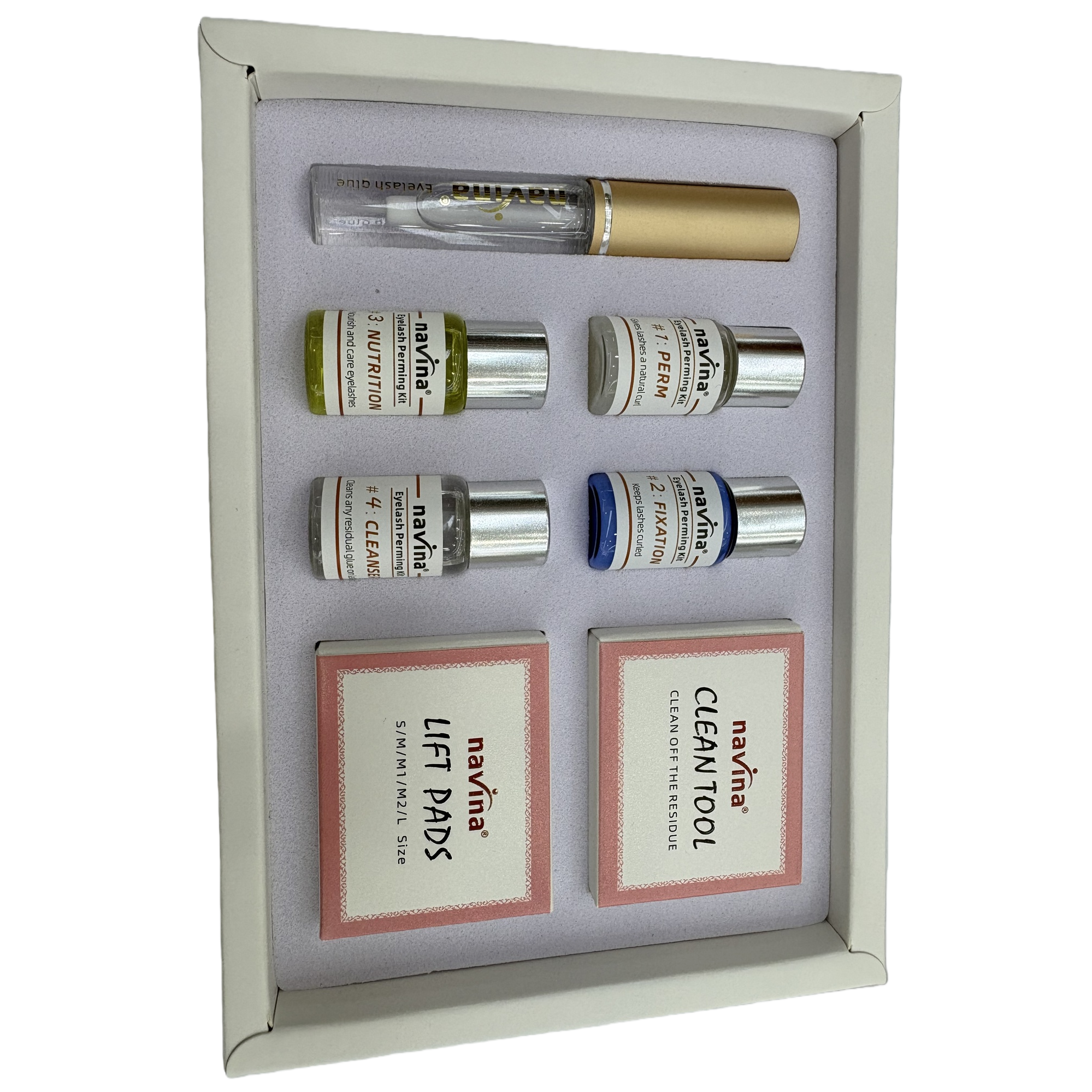navina white gift box false eyelash care set, golden cap transparent glue, four bottles of reagent, pink cleaning tool box, lifting pad Item Picture