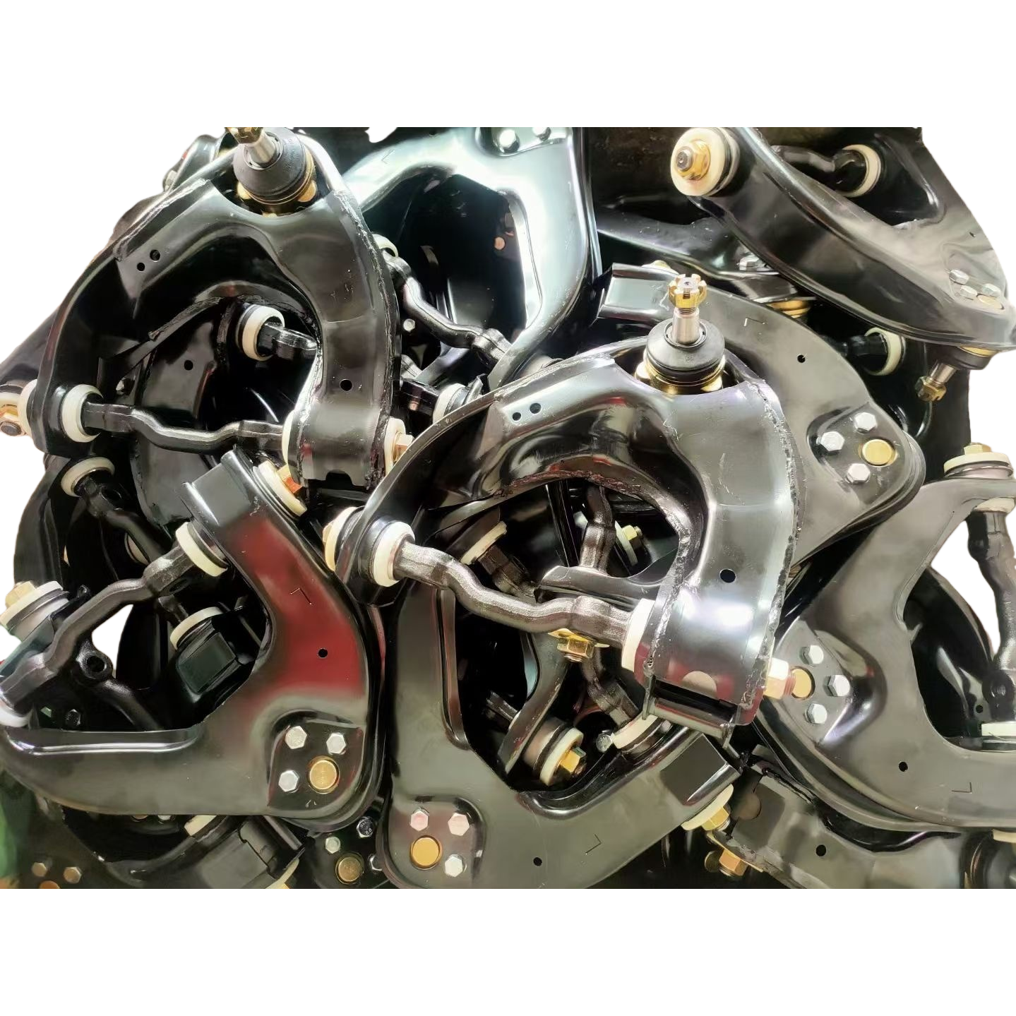 The black suspension control arm assembly is a high-strength and wear-resistant automotive part that enhances handling stability. It is a maintenance part suitable for multiple vehicle models Item Picture