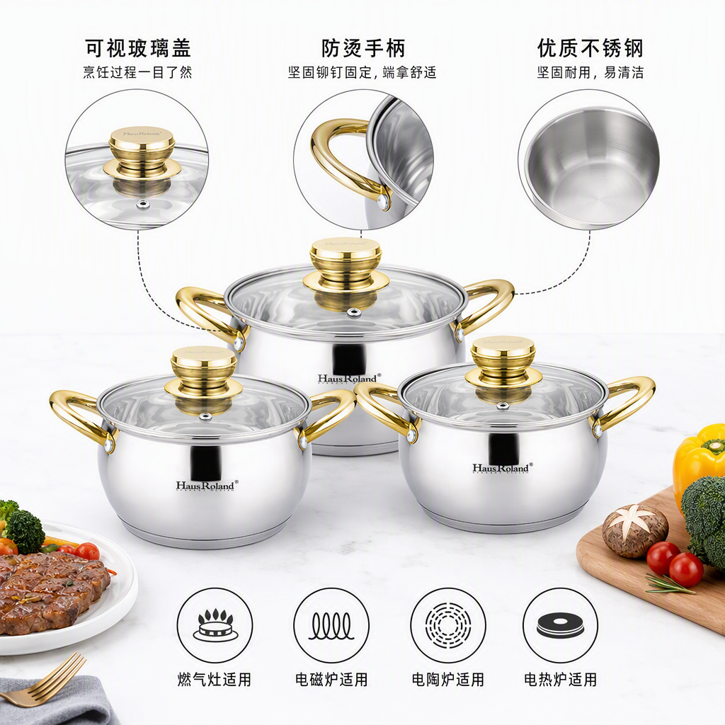 Multi-functional kitchen cookware set, household soup and stir-frying pot set, heat-resistant, durable and practical cookware set HR113-3