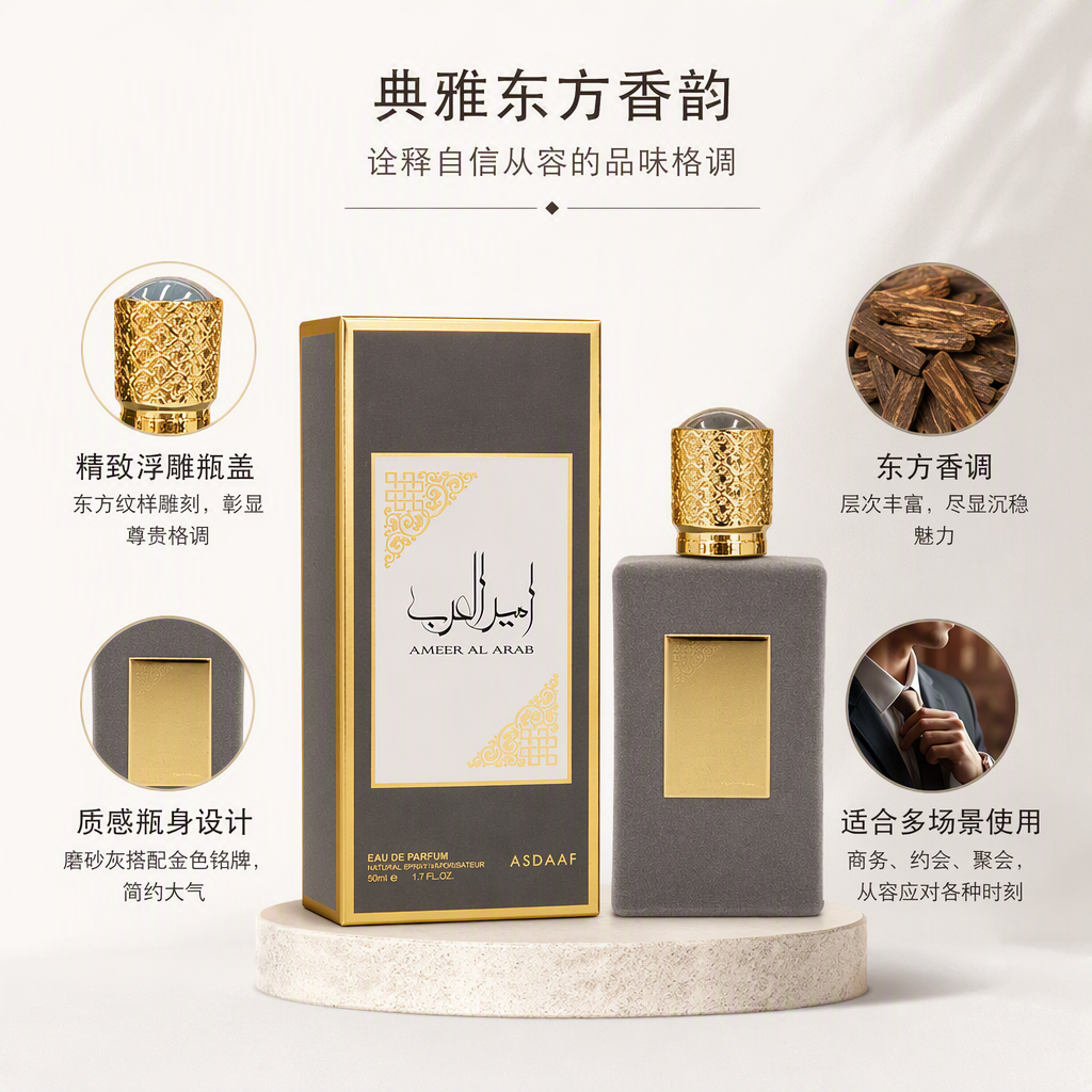 Women's perfume, Middle Eastern fragrance spray, blue and gold packaging box, golden bottle cap, grey bottle body, perfume fragrance