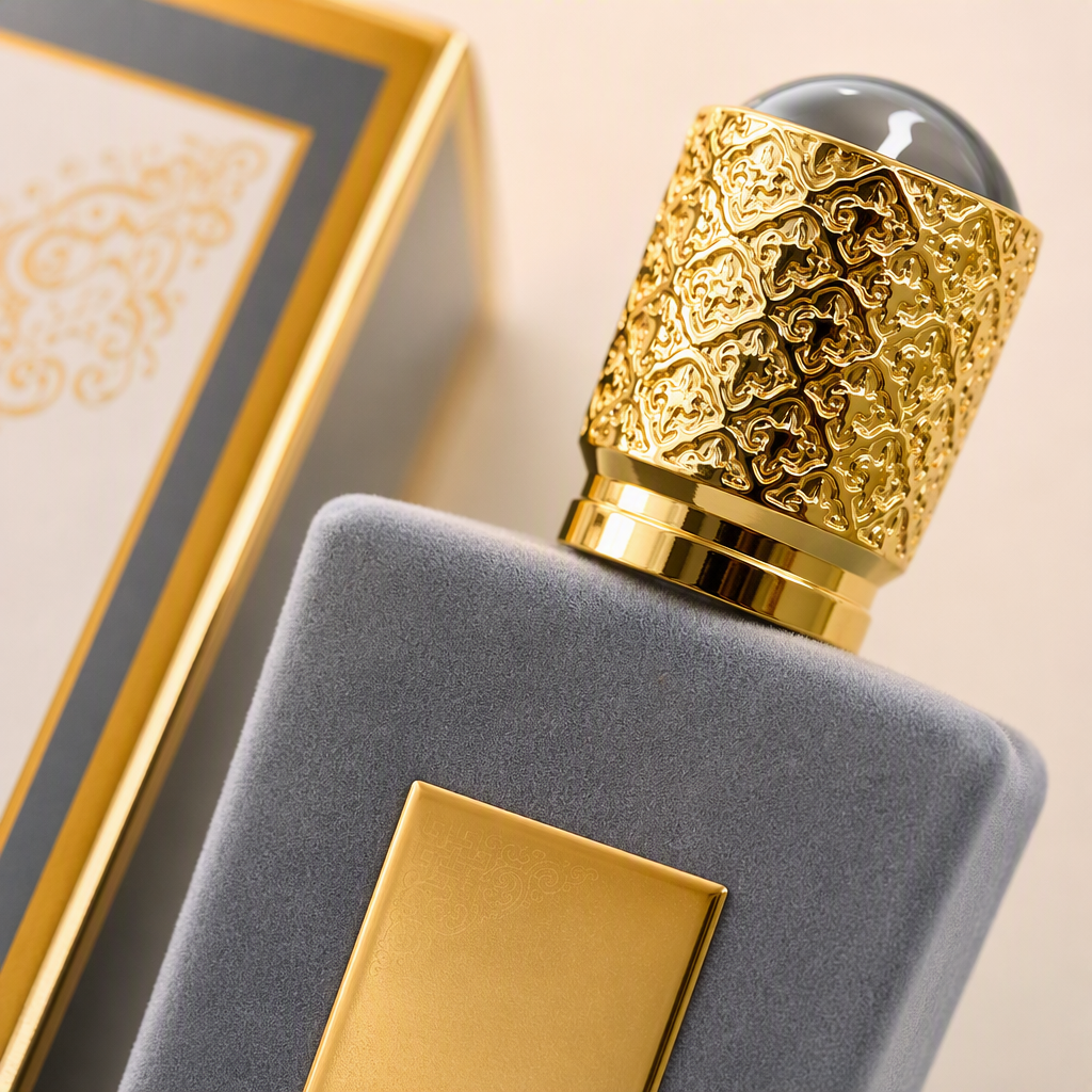 Women's perfume, Middle Eastern fragrance spray, blue and gold packaging box, golden bottle cap, grey bottle body, perfume fragrance Application Scenario
