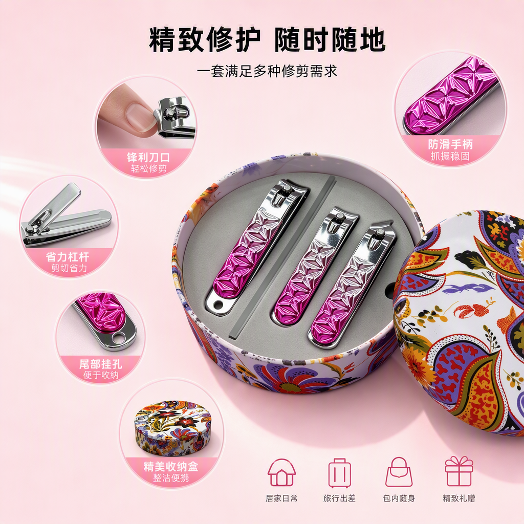 Color patrón caja redonda de tres piezas conjunto de pinzas de uñas rosa y plata interfase herramienta de manicura portátil suministros de belleza