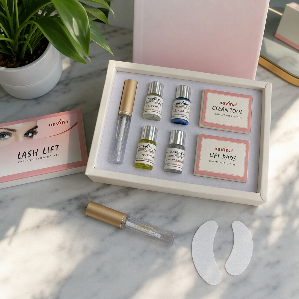 navina white gift box false eyelash care set, golden cap transparent glue, four bottles of reagent, pink cleaning tool box, lifting pad details Picture