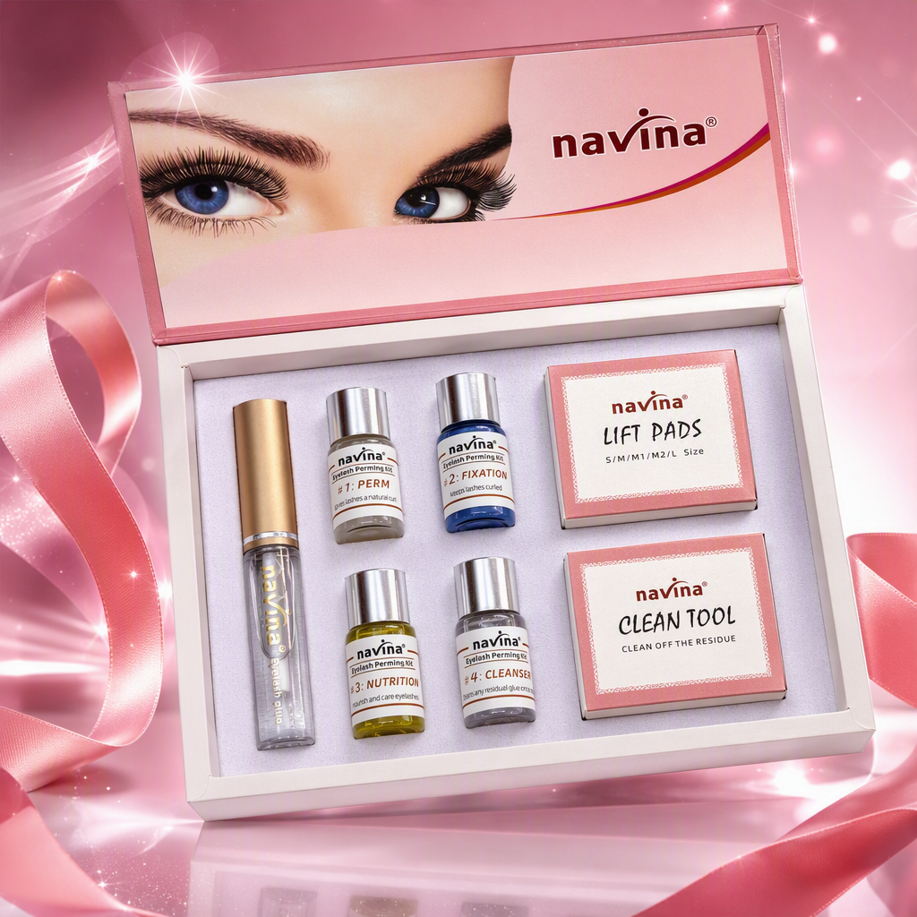 navina white gift box false eyelash care set, golden cap transparent glue, four bottles of reagent, pink cleaning tool box, lifting pad Specification image