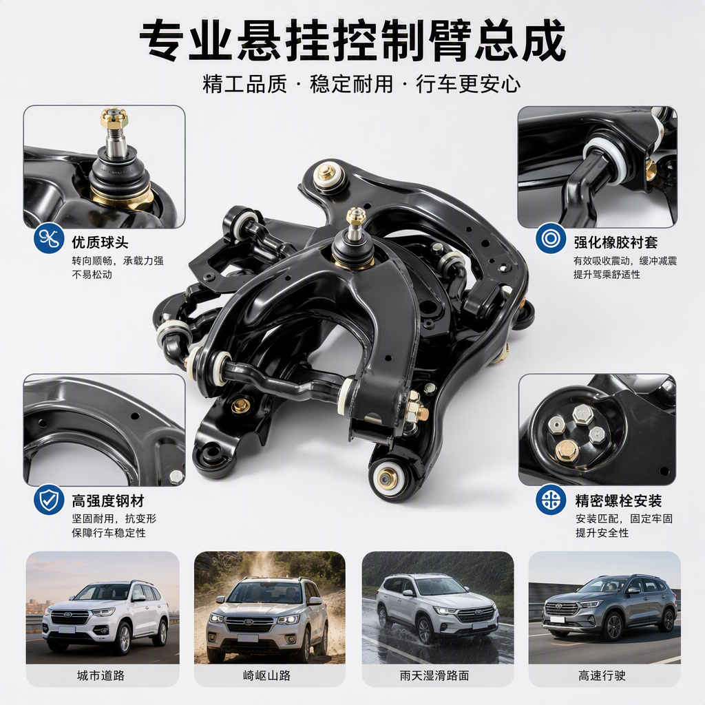 The black suspension control arm assembly is a high-strength and wear-resistant automotive part that enhances handling stability. It is a maintenance part suitable for multiple vehicle models