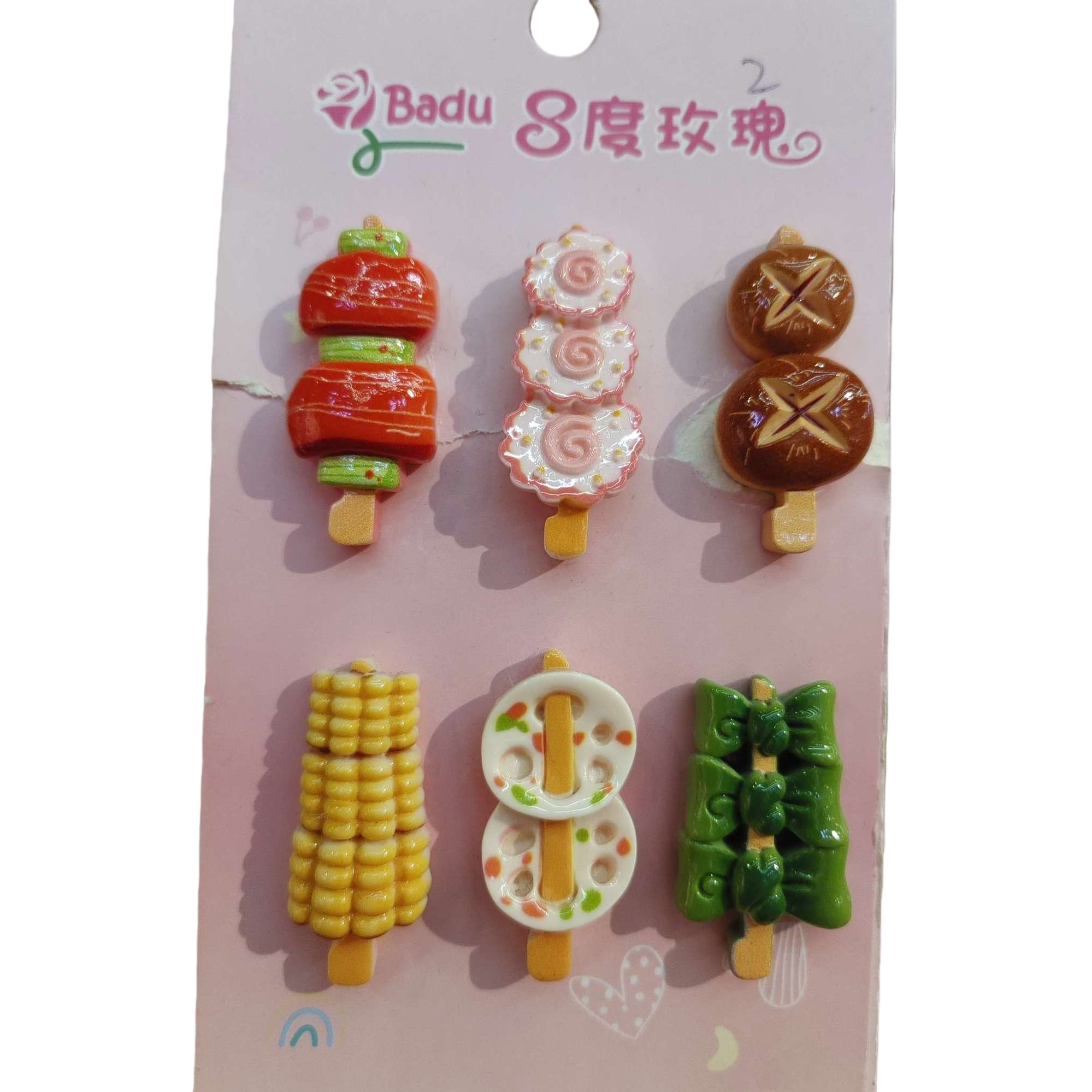 Pink card, six food-shaped hair clips, skewers, sugar-coated haws on a stick, bread, corn, lotus root, zongzi, cute hair accessories, children's hair clips as gifts Item Picture