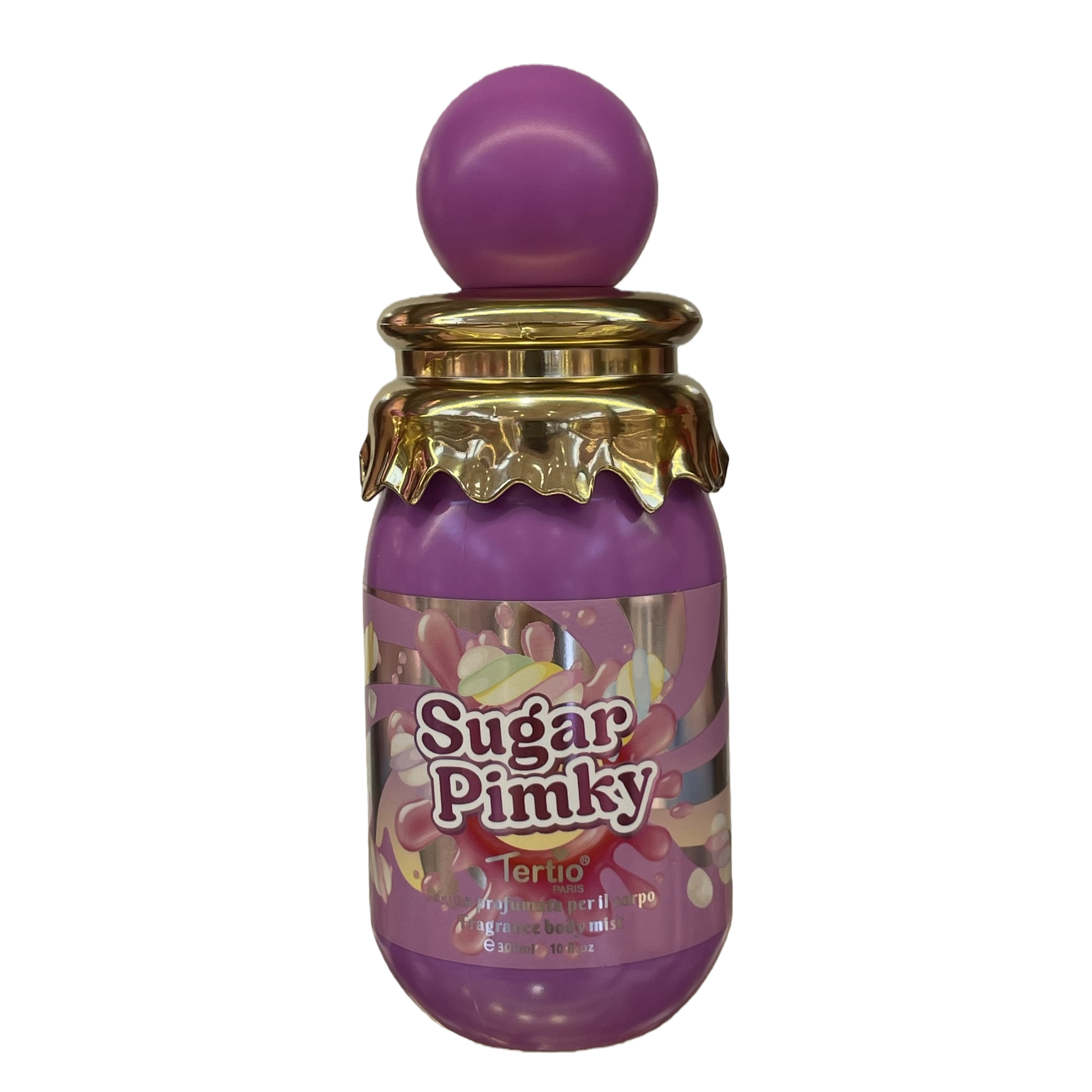 Sugar Pinky Scented Spray, purple bottle body, golden wavy edge cap, long-lasting fragrance, fresh and elegant for girls Item Picture